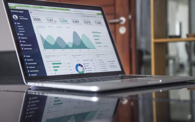 A laptop displaying an analytics dashboard on a desk