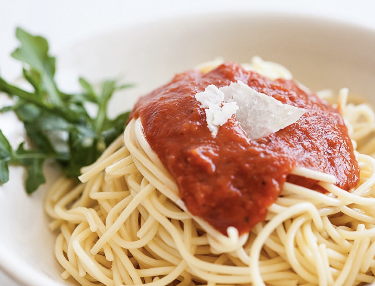 A plate of spaghetti topped with Montana Marinara sauce